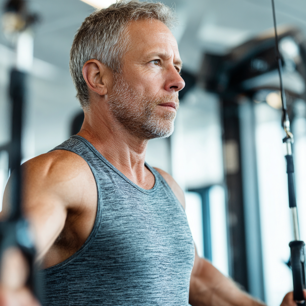 mature adult exercising in fitness center with proper form