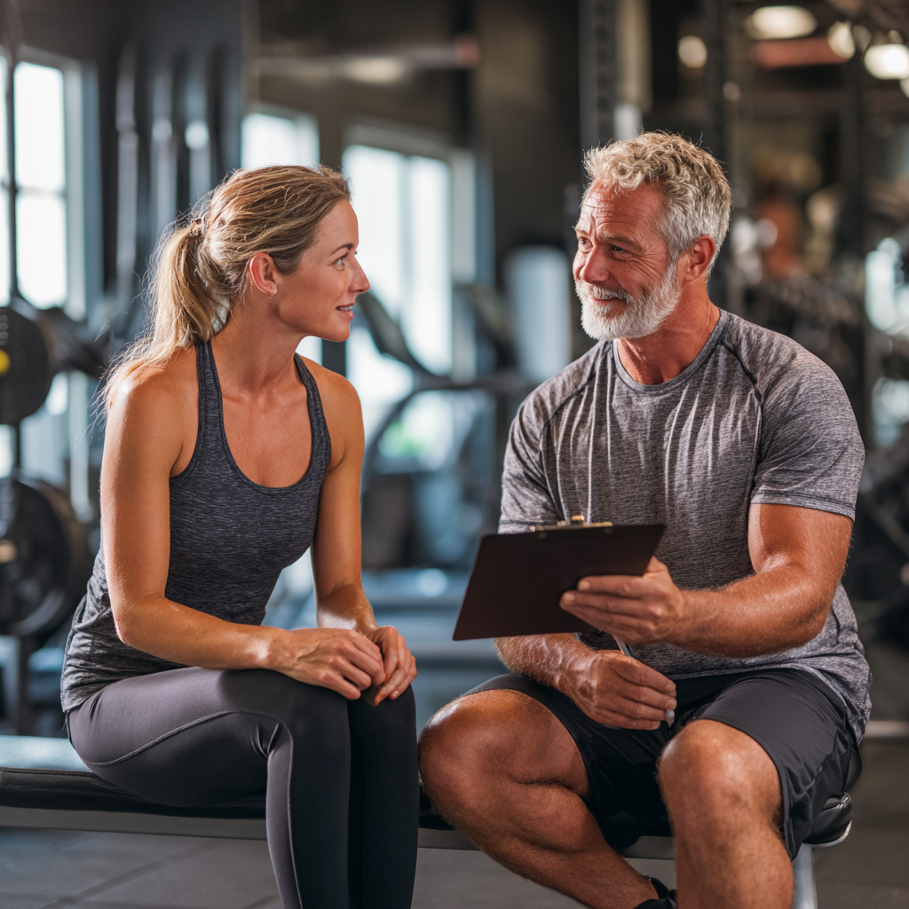 middle-aged person consulting with fitness professional about exercise program